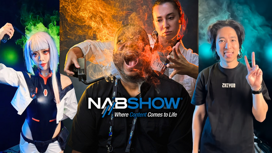 Four  figures with colourful hazy, foggy backgrounds and the NAB Show logo