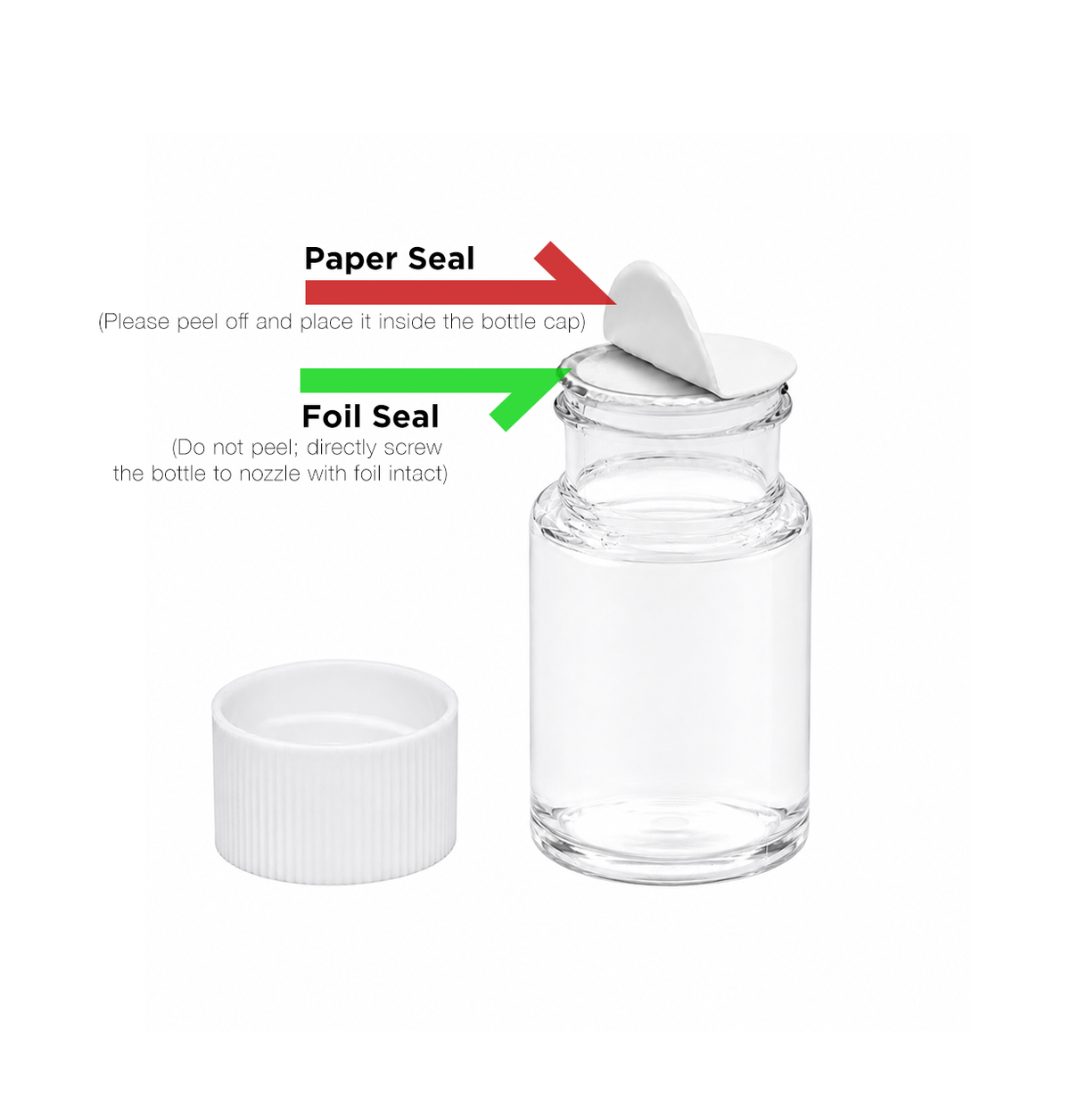 PMI Auto Bubble Formula refill bottle showing the paper seal to peel off and foil seal to keep intact before attaching to the nozzle