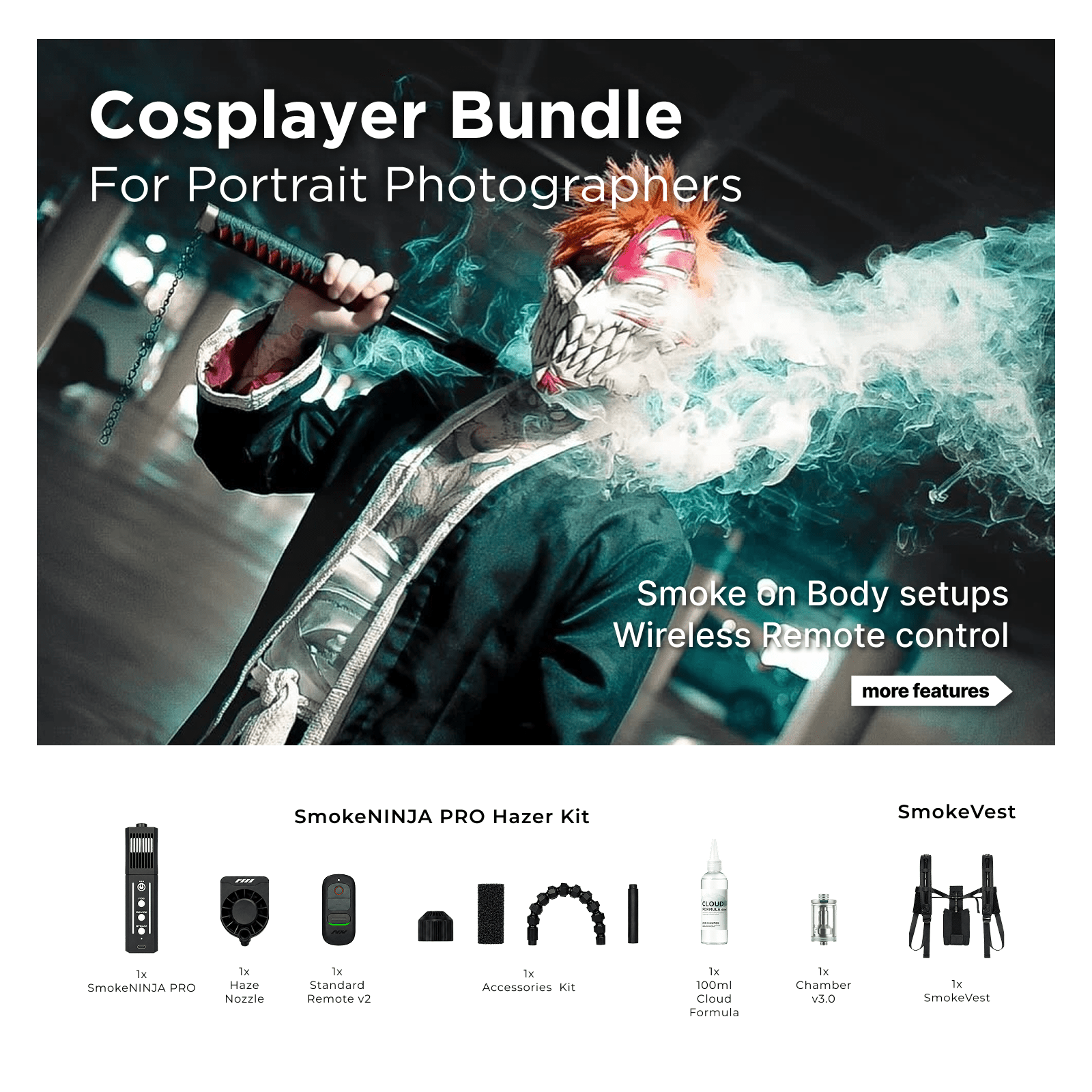 SmokeNINJA PRO V2 Cosplayer Bundle creating smoke-on-body effects with included Smoke Vest