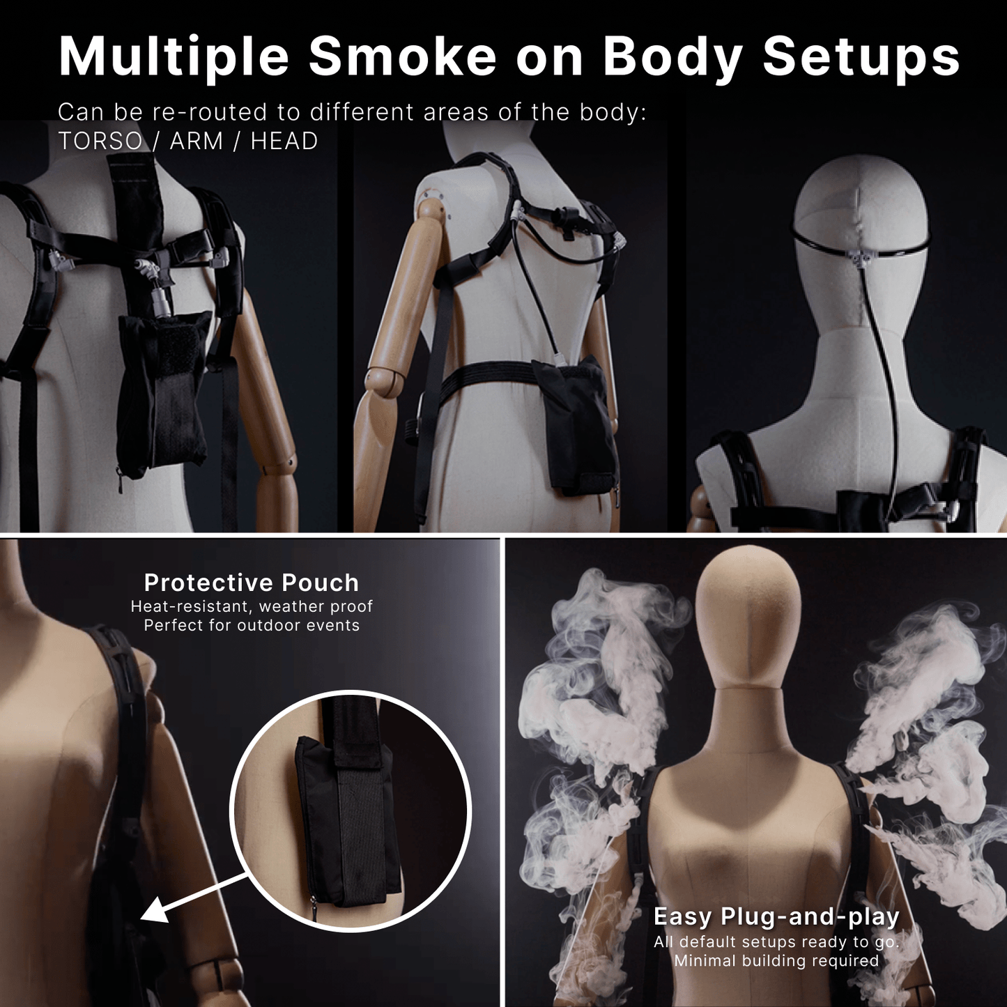 Smoke Vest routing options for torso, arm and head smoke effects with protective pouch