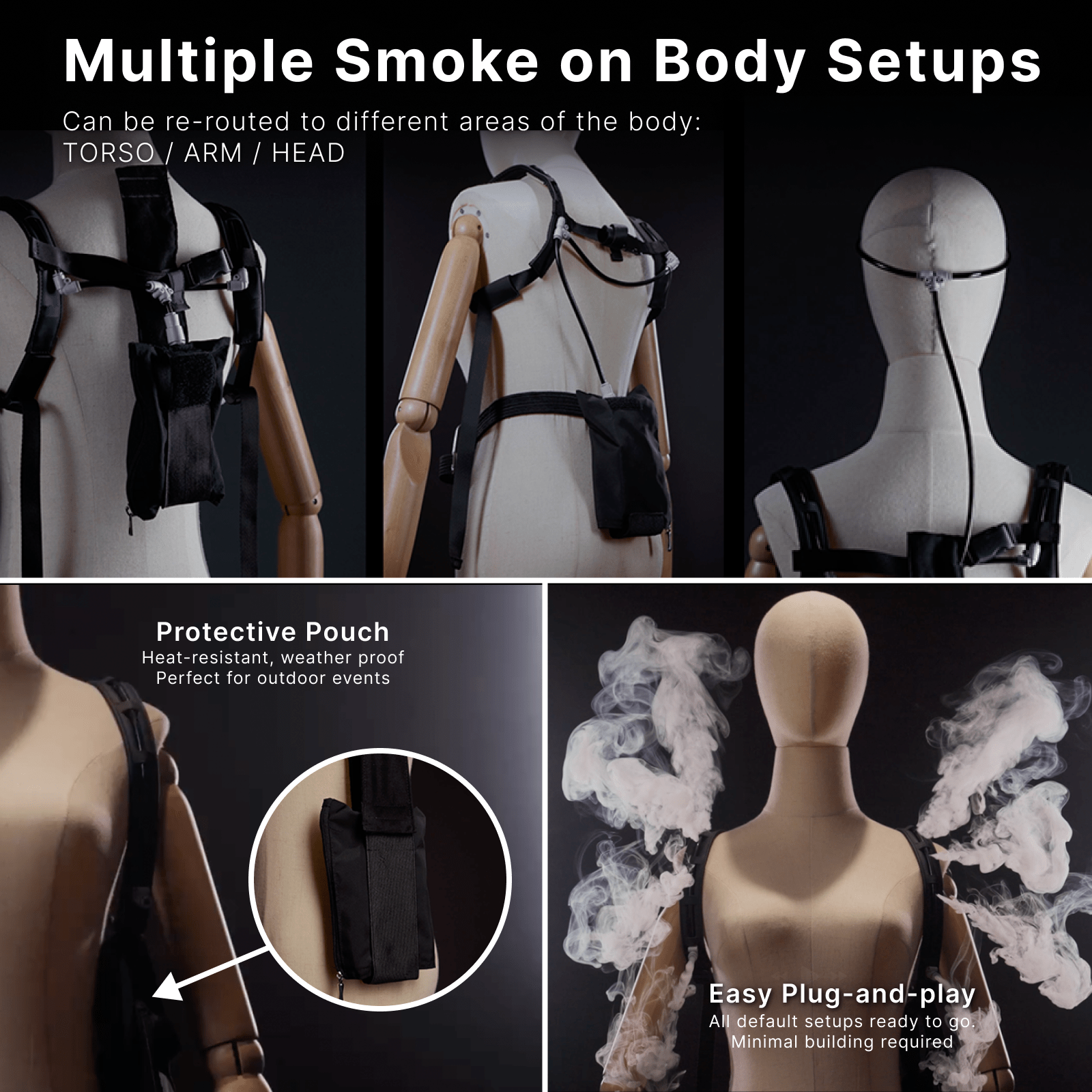 Smoke Vest routing options for torso, arm and head smoke effects with protective pouch