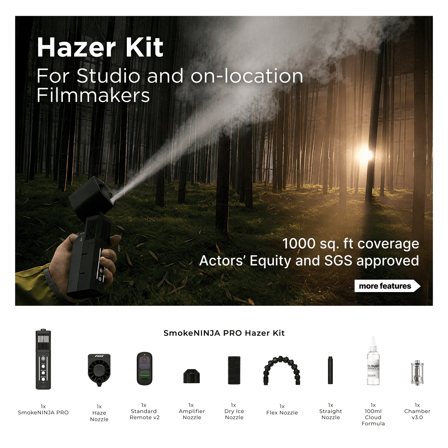SmokeNINJA PRO V2 Hazer Kit creating diffused haze on location with included components