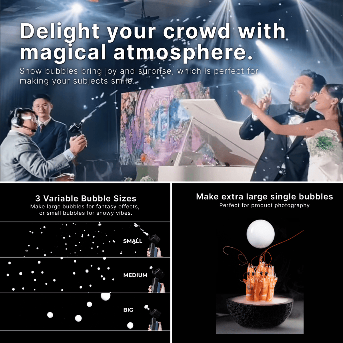 Snow Bubbles Bundle showing event effects, three bubble sizes and large smoke-filled bubbles