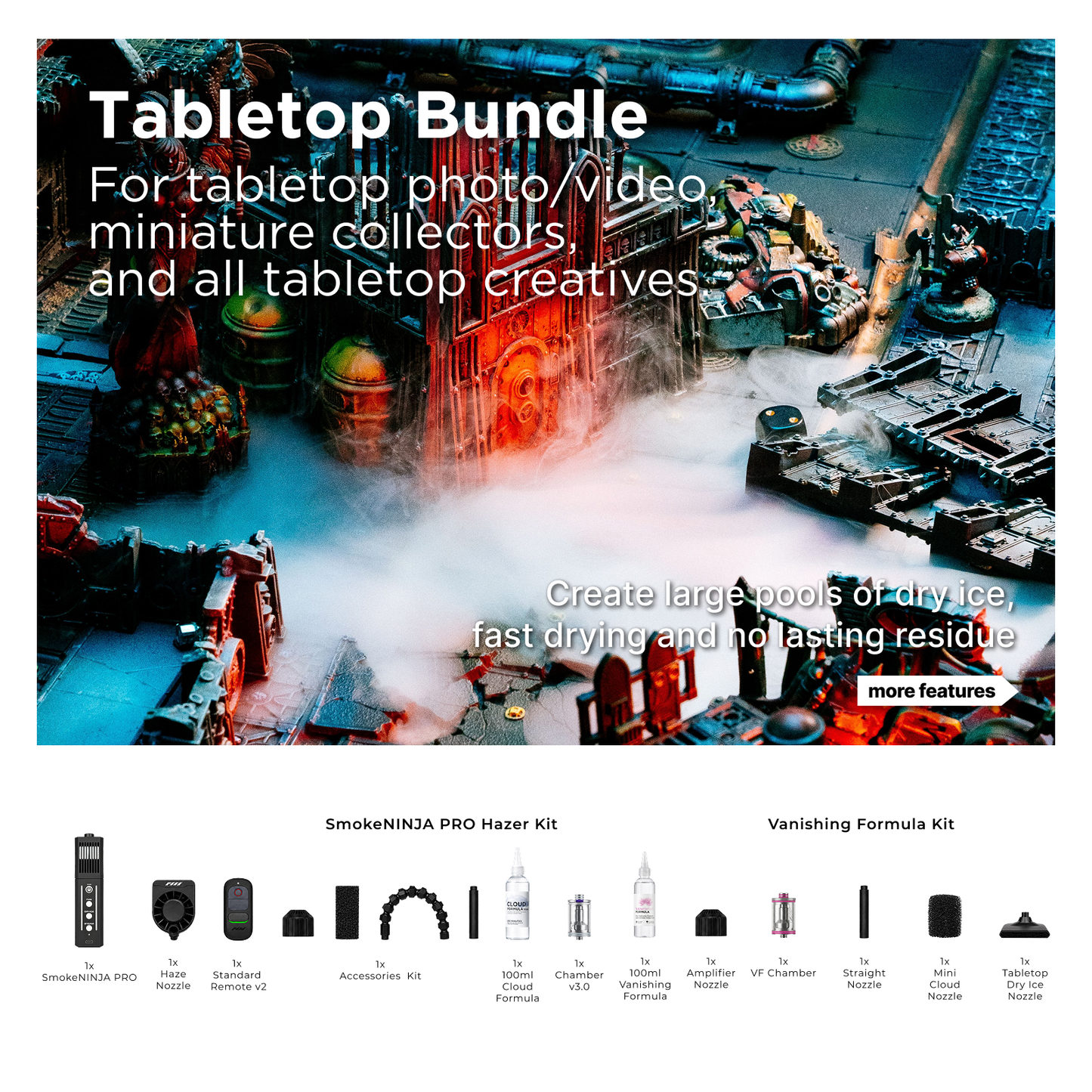 SmokeNINJA PRO V2 Tabletop Bundle creating atmospheric effects in a miniature scene