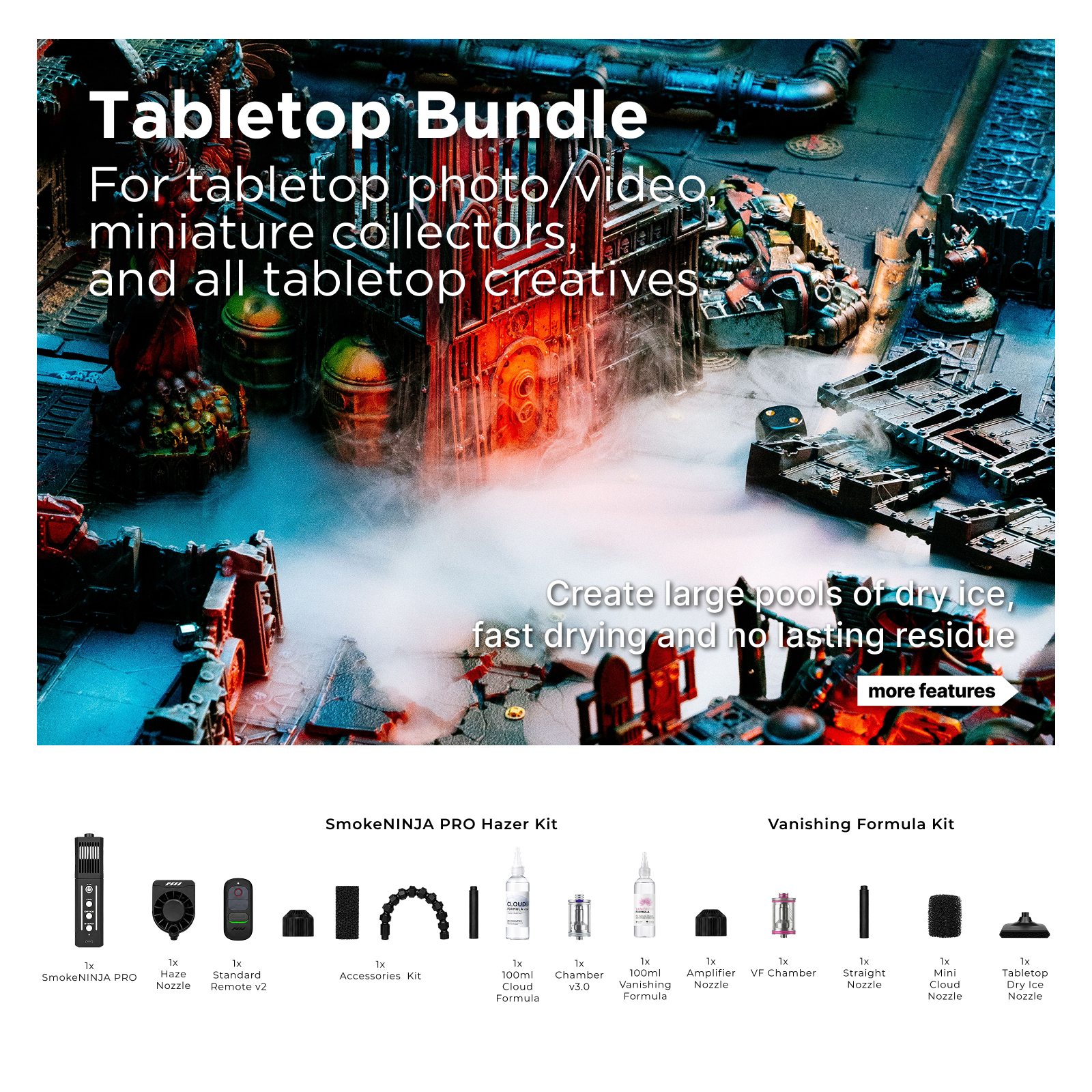SmokeNINJA PRO V2 Tabletop Bundle creating atmospheric effects in a miniature scene