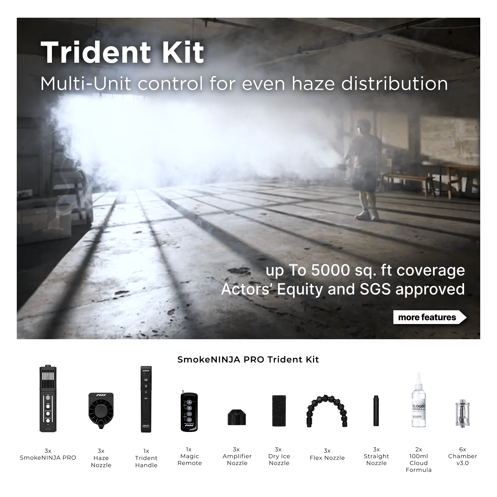 SmokeNINJA PRO V2 Trident Kit creating even haze across a production space