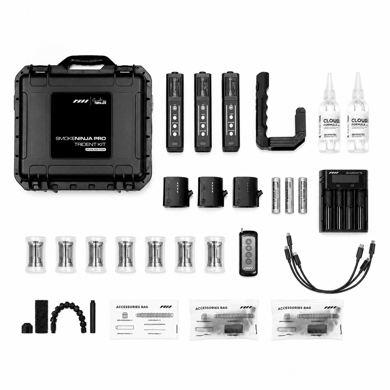 SmokeNINJA PRO V2 Trident Kit with three units, hard case, handle, formula and accessories